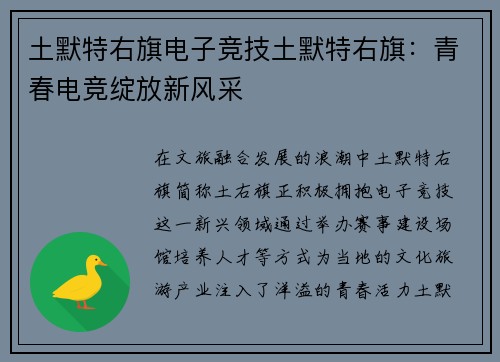 土默特右旗电子竞技土默特右旗：青春电竞绽放新风采